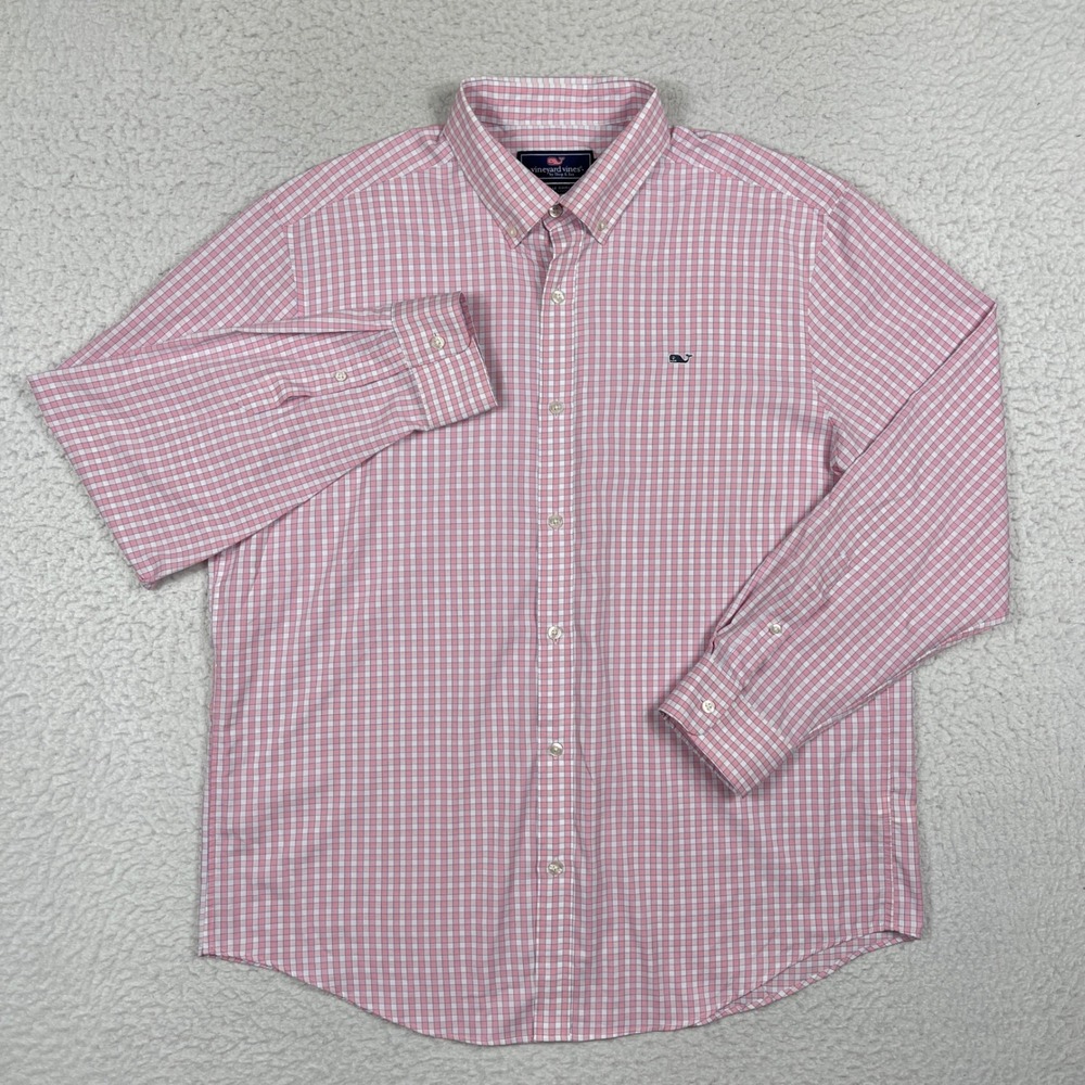 Vineyard Vines Button Down Shirt Mens XL Pink White Gingham Whale Performance